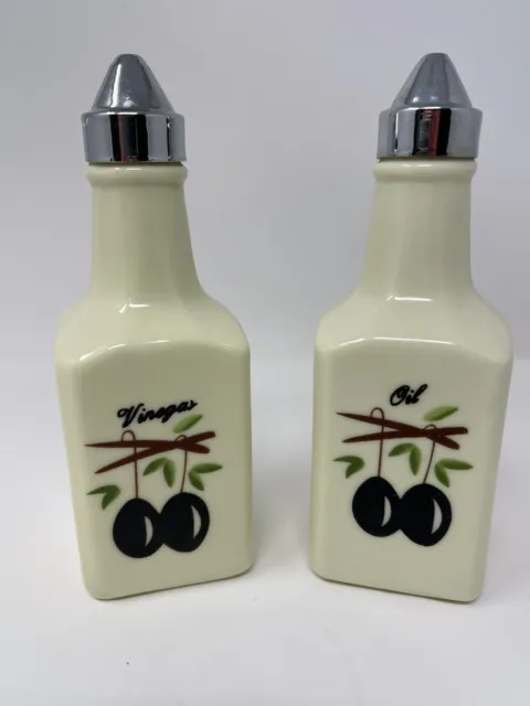 Oil and Vinegar Dispenser Unique Cream Color Olives Painted Design ~ Vintage