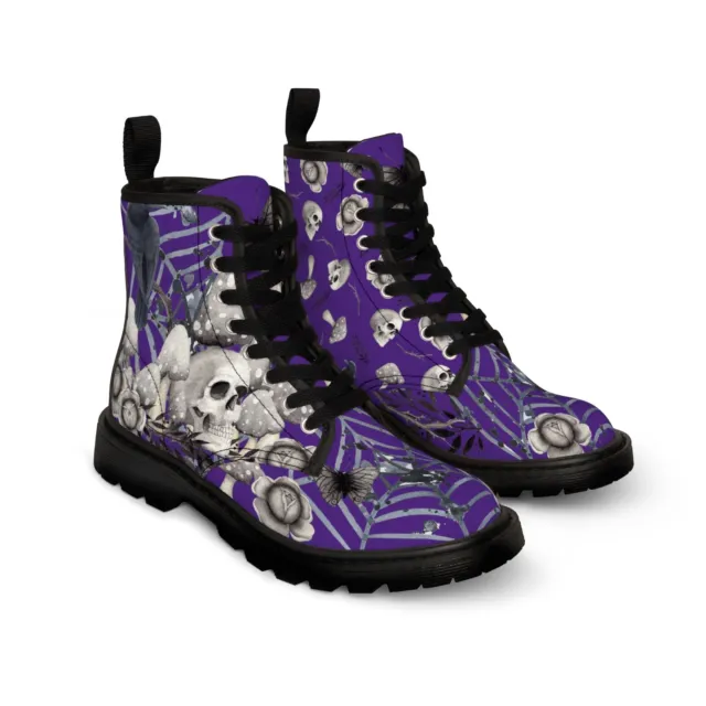 Womens Gothic Style Canvas Combat Boots Halloween Skulls Spiderwebs in 10 colors