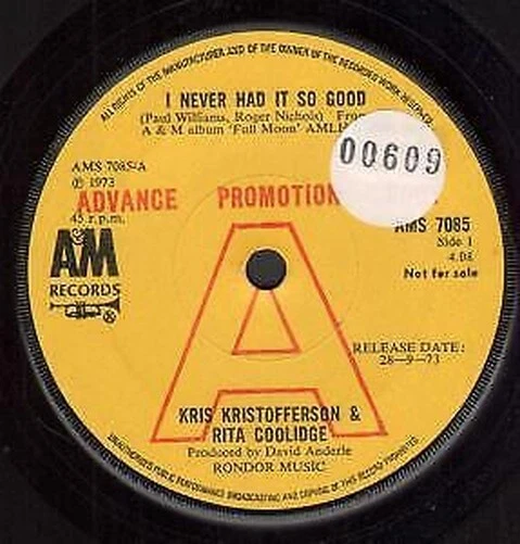 KRIS KRISTOFFERSON AND Rita Coolidge I Never Had It So Good 7" vinyl UK ...