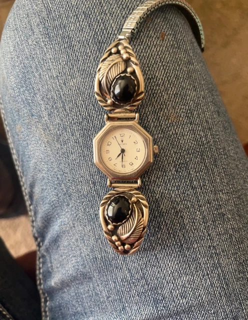 Navajo Native American Sterling Silver Onyx Watch \