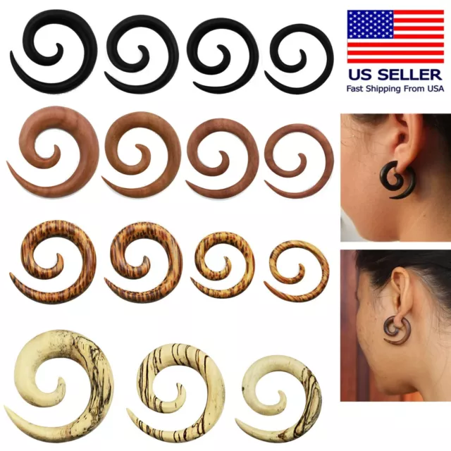 Pair Solid Wood Gauge Spiral Coil Plugs Taper Expander Talon Natural Organic USA
