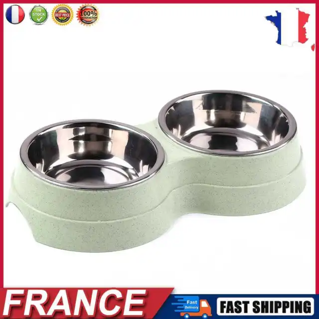 Dog Double Bowl Puppy Food Feeder Stainless Steel Pet Drinking Dish (Green) fr