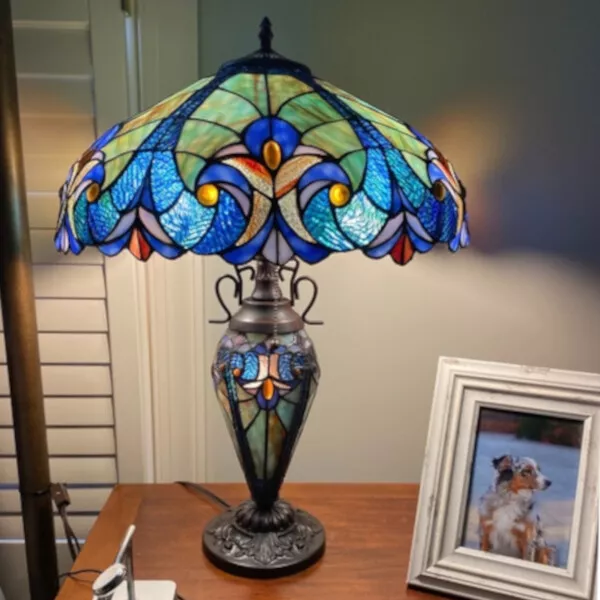 Tiffany Style Table Lamp Royal Blue Stained Glass Reading Accent Victorian Theme