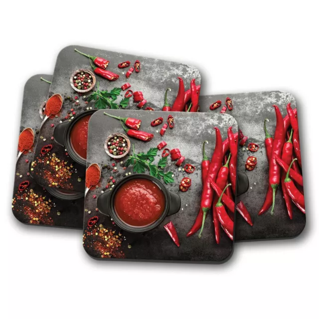 4 Set - Red Chillies Coaster - Food Chilli Hot Spicy Restaurant Chef Gift #15292