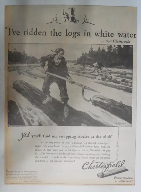Chesterfield Cigarette Ad: Whitewater Log Ride from 1931 Size:~12 x 16 inches
