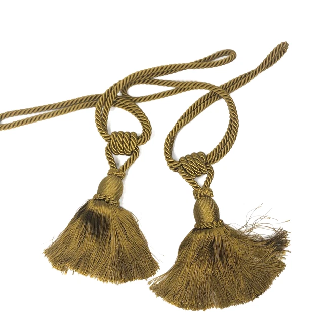 Curtain Tassel Tie Backs Set of 2 Antique Gold Metal Thread Hollywood Regency