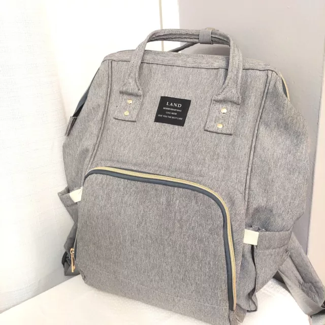 Backpack Diaper Bag LAND Mommy & Baby Gray Multi Compartments Travel Canvas Tote