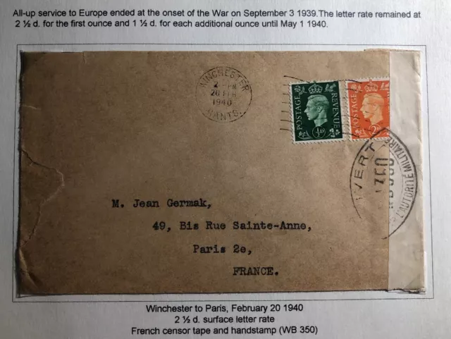 1940 Manchester England WW2 Censored Cover To Paris France