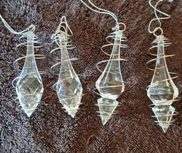 Vintage Lot 4 Clear  Acrylic Wire Wrapped Teardrop Christmas Ornaments