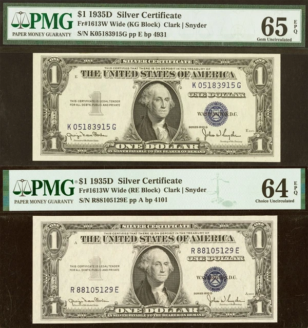 1935D $1 Silver Certificate PMG 65EPQ 64EPQ rare KG  RE toughest blocks Fr 1613W