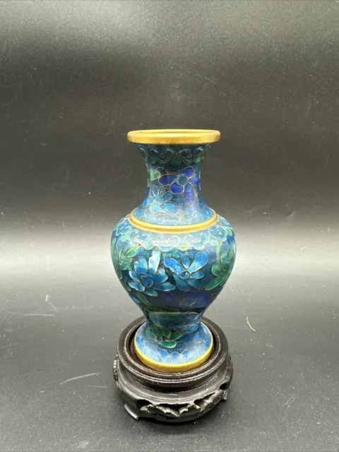 Vintage Petite Blue Cloisonne Vase Chinese with a floral pattern & Stand 4 1/2