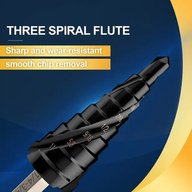 M35 Step Drill Bit, 1/4”-3/4" Impact Ready Three Spiral Flute Unibit Step Bit, 1 3