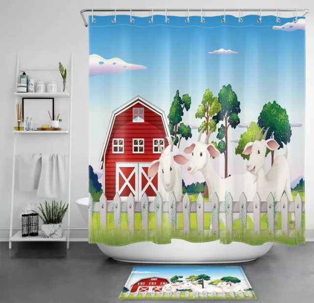 Farmhouse Cute Cartoon Farm Sheep Shower Curtain Sets For Kids Bathroom Decor