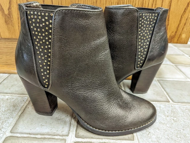 Reba Womens Zari Bronze Bronze Leather Heeled Booties Size 8 Rhinestone Accents