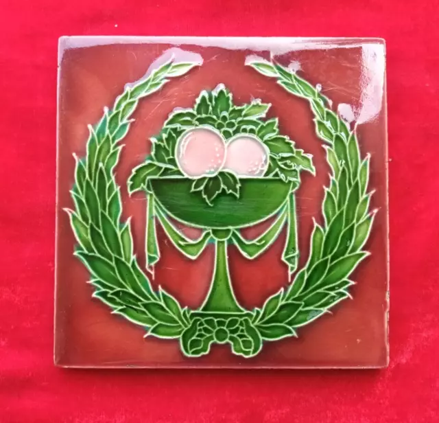 1 Piece Old Art Flower Design Embossed Majolica Ceramic Tiles England 0331