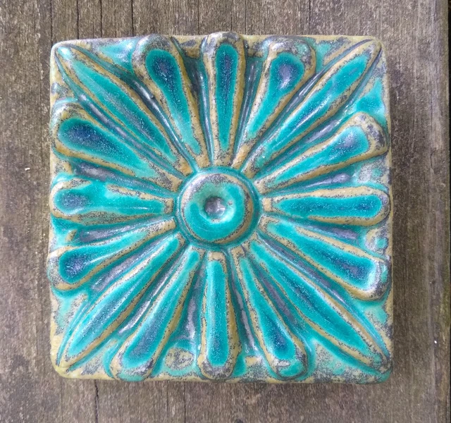 Pewabic Tile – Blue Green Flower – 3.5” x 3.5” – Detroit - Vintage 1995