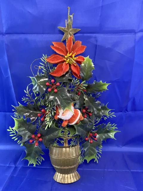Vintage Wall Hanging Plastic Christmas Tree With Flocked Santa & Poinsettia