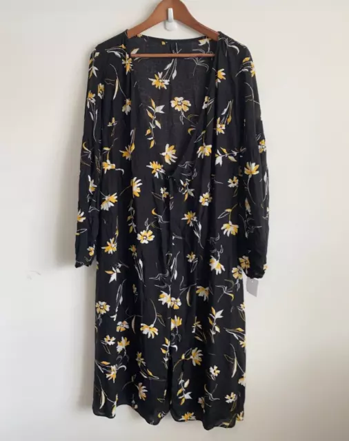 Nobodys Child Dress Women Size 10 Black Yellow Floral Long Sleeve V-Neck Tie NWT