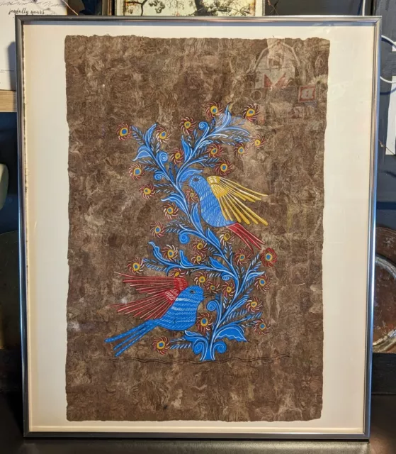 Vintage Unique Fantasy Color Floral Bird Mexico Aztec Painting Amate Bark