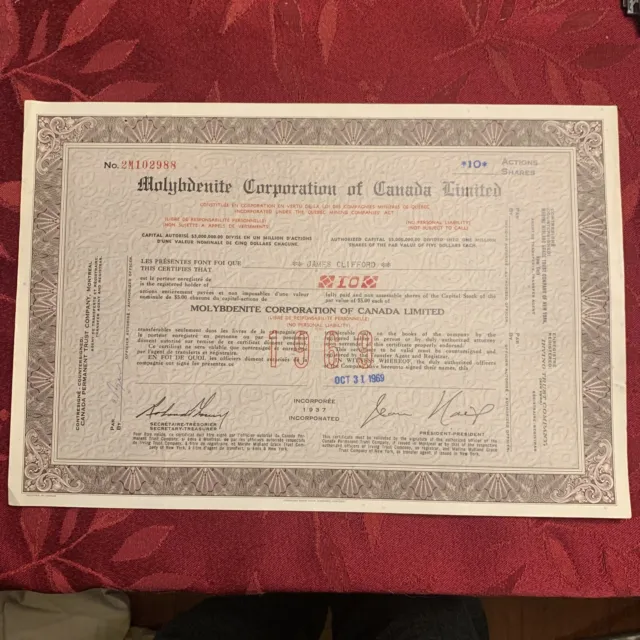 Molybdenite Corporation of Canada Ltd, Stock Certificate Dated 10-31-1969