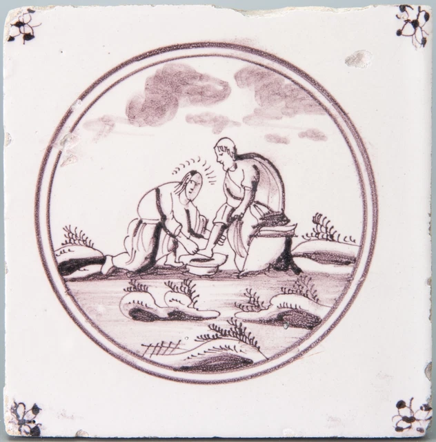 Nice Dutch Delft manganese biblical tile, John: 13,6-9, 18th. century.