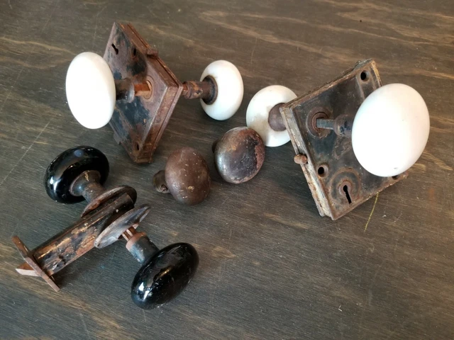 Vintage White/Black Porcelain & Metal Door Knobs with Spindles and Plates
