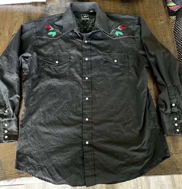 Roper Womens Size XL Western Rose Embroidered Pearl Snap LS Shirt Rockabilly VTG