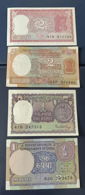 Uncirculated Indian authentic old 2 and 1 Rupee 2+2 varieties 4 notes lot CRISPY