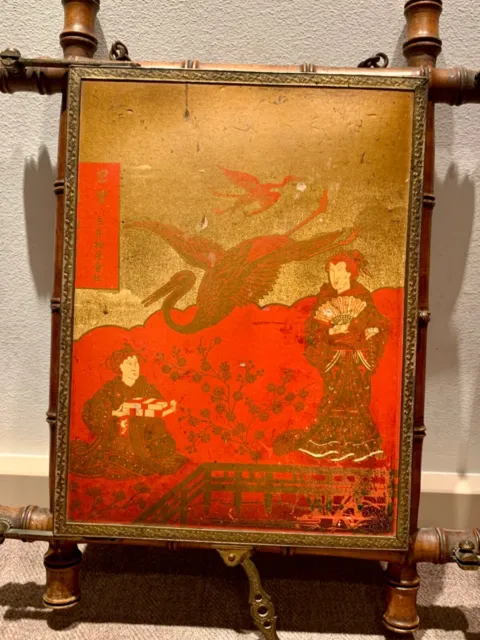 Ancien miroir tryptique, de barbier ou salle de bain Décor Japon Geishas Hérons