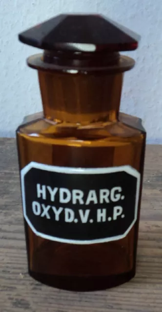 altes Apothekerglas Flasche Apotheke emailliert #25 HYDRARG. OXYD. V. H. P.