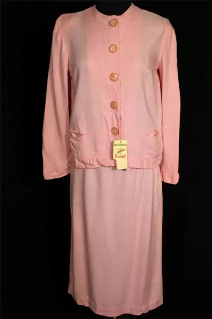 Deadstock  Vintage 1960'S "Lampl"  Pink Rayon Linen 2 Pc Woman's Suit Size 4-6