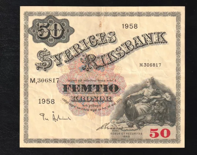 Sweden Sveriges Riksbank  50 Kronor  1958 P  44  RARE * King Gustav * Bank Note