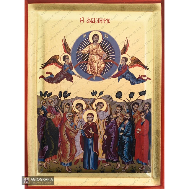 Icona Cristiana Ortodossa dell'Ascensione del Signore su legno con fondo in...