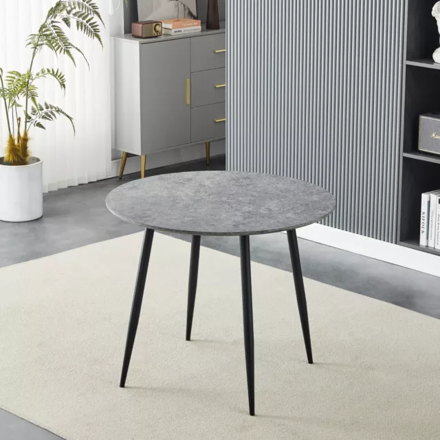 Grey Stone Effect Round Dining Table Wooden Home Kitchen Furniture Black Legs