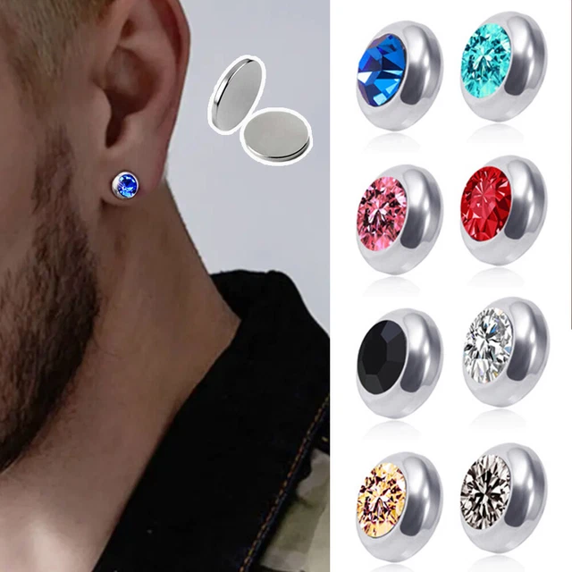 Lot De 6 Paires Boucles D'oreilles Magnétiques Acier Inoxydable - 6/8 Mm, Noir/argent, Motifs Point, Zircon, Triangle