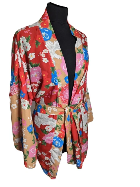 Womens Red Silky Kimono Wrap Top with Belt Traditional Sleeves Small  Sz 6/8/10