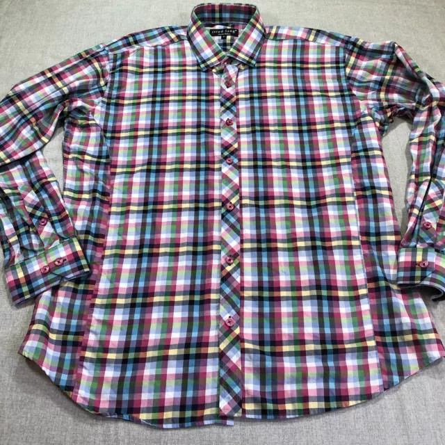 Jared Lang Shirt Mens XL Large Multi Plaid Long Roll Tab Sleeve Button Up Cotton