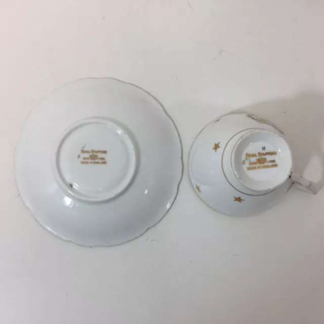 Taza de té y platillo de patas Royal Stafford corona y hueso de espada China Inglaterra de colección 3