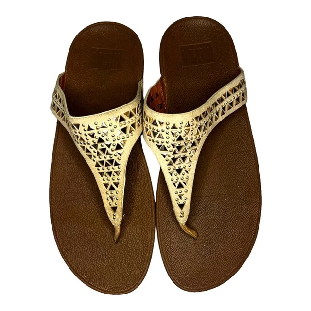 FitFlop Womens Thong Camel Sandal Perforated Metallic Gold Size 8