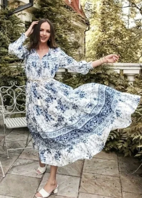 Zara Blue And White Paisley Floral Boho Maxi Dress L £9.99 - Picclick Uk