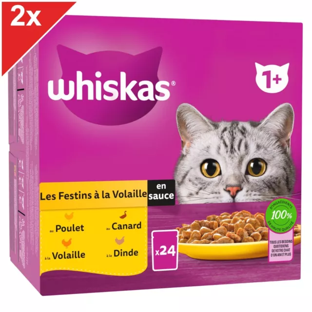 WHISKAS 48 Sachets fraîcheur en sauce 4 variétés volaille pour chat 85g (2x24)