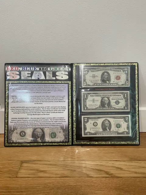 Red, Blue, And Green US Seals Currency Collection - $5 Red, $1 Blue, & $2 Green