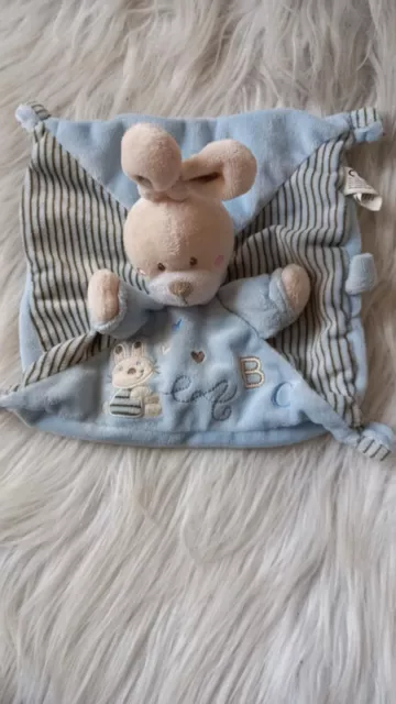 Doudou carré plat Lapin bleu et rayés- ABC- Nicotoy