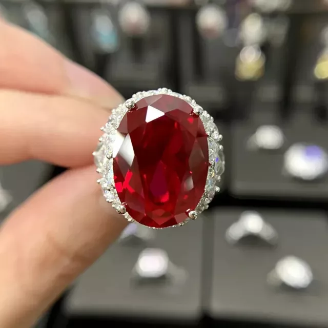 3Ct Ovalschliff Lab-Created Rot Rubin Cocktail Verlobungsring 14K Weiß Vergoldet