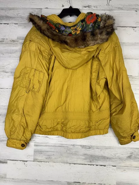 VINTAGE DONNY BROOK Womens M Mustard Yellow Puffer Winter Coat Fur Trim ...