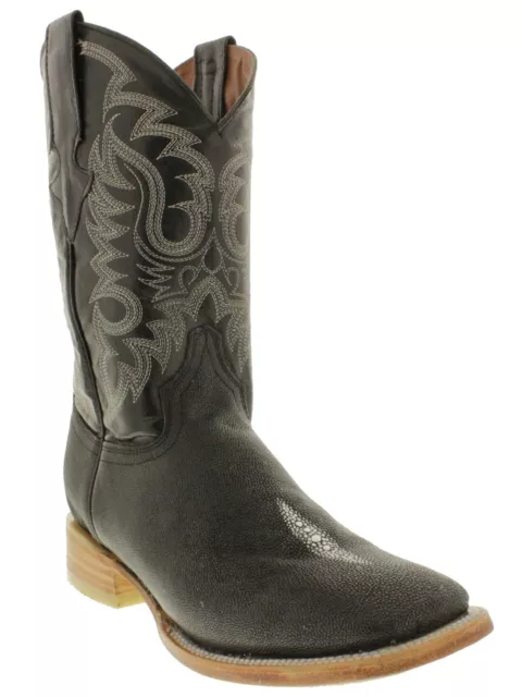 Mens Black Cowboy Boots Stingray Print Leather Rodeo Single Stone Square Botas