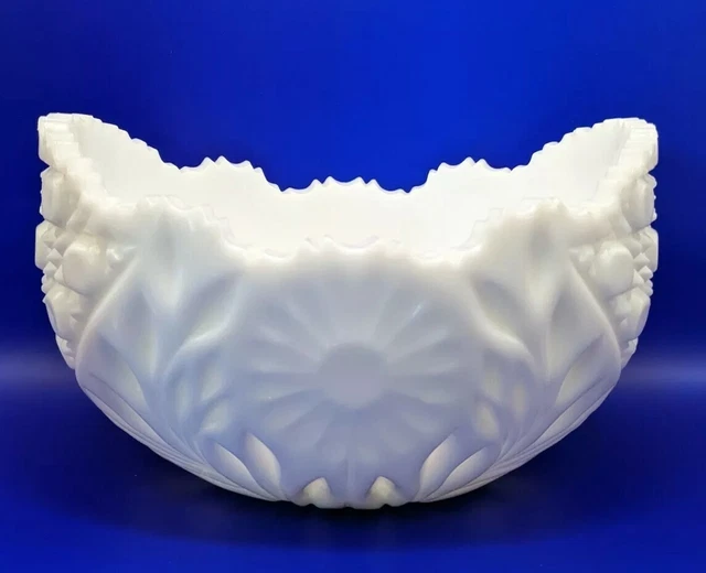 Vintage White Milk Glass Embossed Cut Oval Serving Bowl Flower 8" x 5.5"