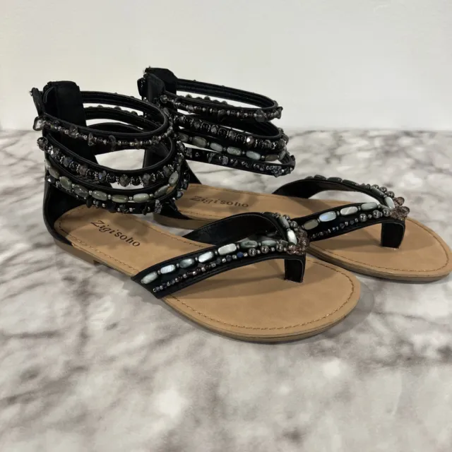 Zigi Soho Women’s Flat Gladiator Sandals Beaded Ankle Black Stone Chips Size 5