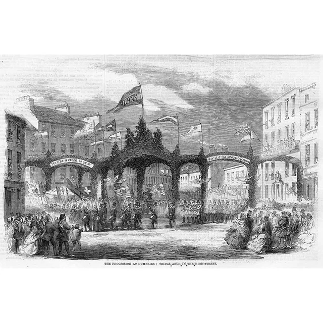 DUMFRIES Robert Burns Centenary Triple Arch in the High St - Antique Print 1859