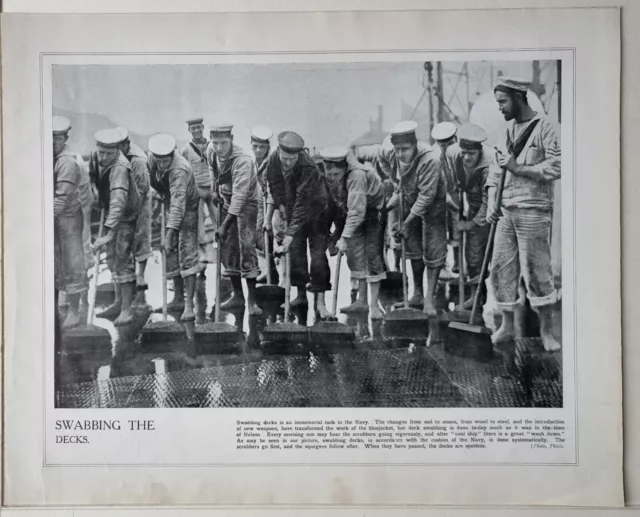 1915 Ww1 Print & Text Swabbing The Decks Naval Sailors Officers On Deck